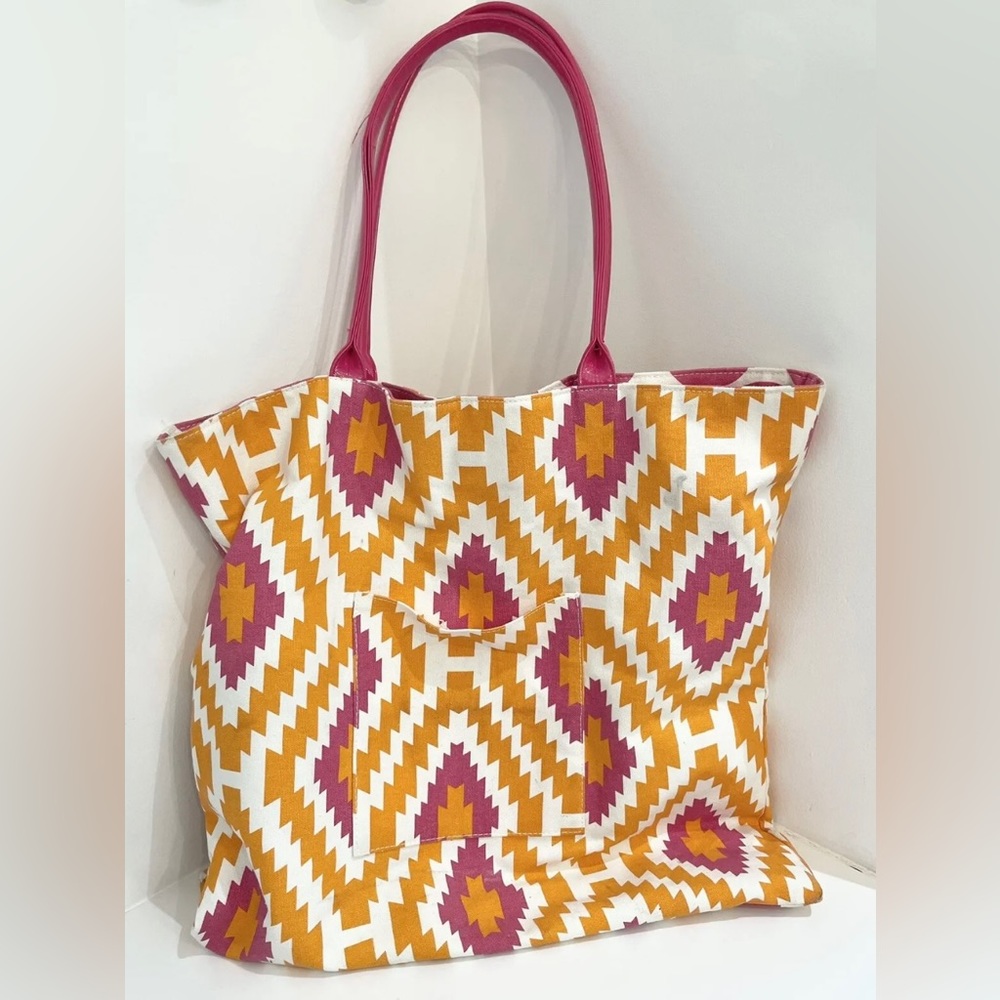 Vintage REVERSIBLE CANVAS TOTE / Beach JoAnn Fabrics Pink & White & Orange- Used